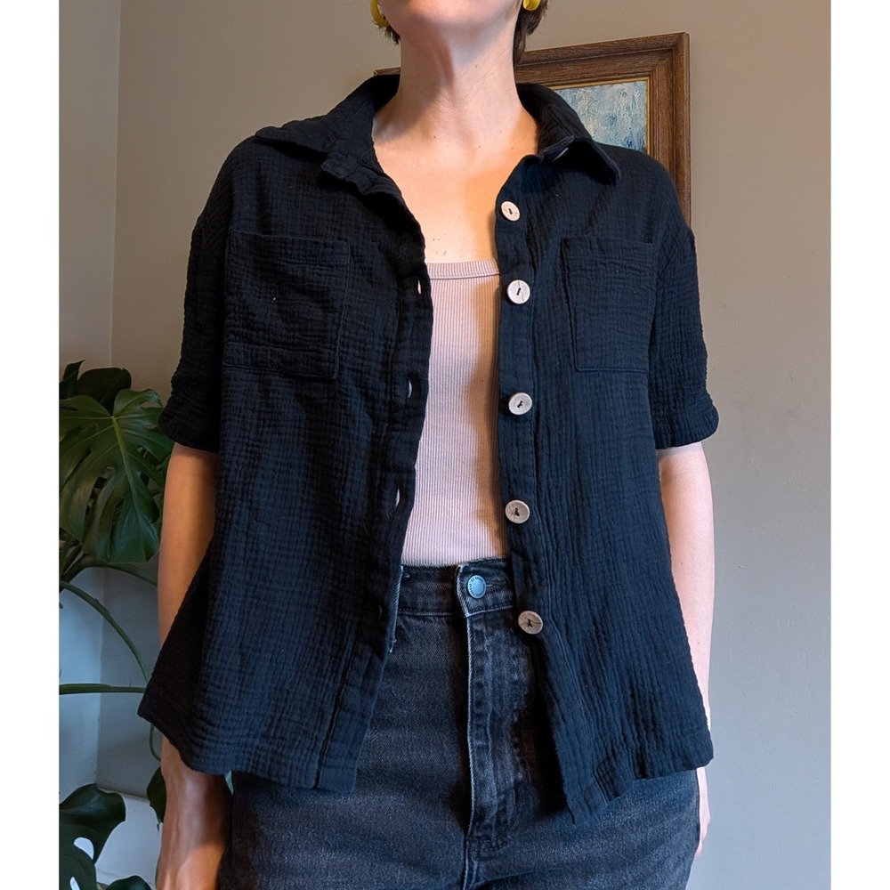 Womens Crepe Button Up Short Sleeve Shirt Black Boho Gauze Lightweight Beach